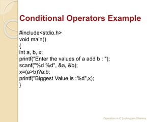 Conditional Operators Example
#include<stdio.h>
void main()
{
int a, b, x;
printf("Enter the values of a add b : ");
scanf("%d %d", &a, &b);
x=(a>b)?a:b;
printf("Biggest Value is :%d",x);
}
Operators in C by Anupam Sharma
 