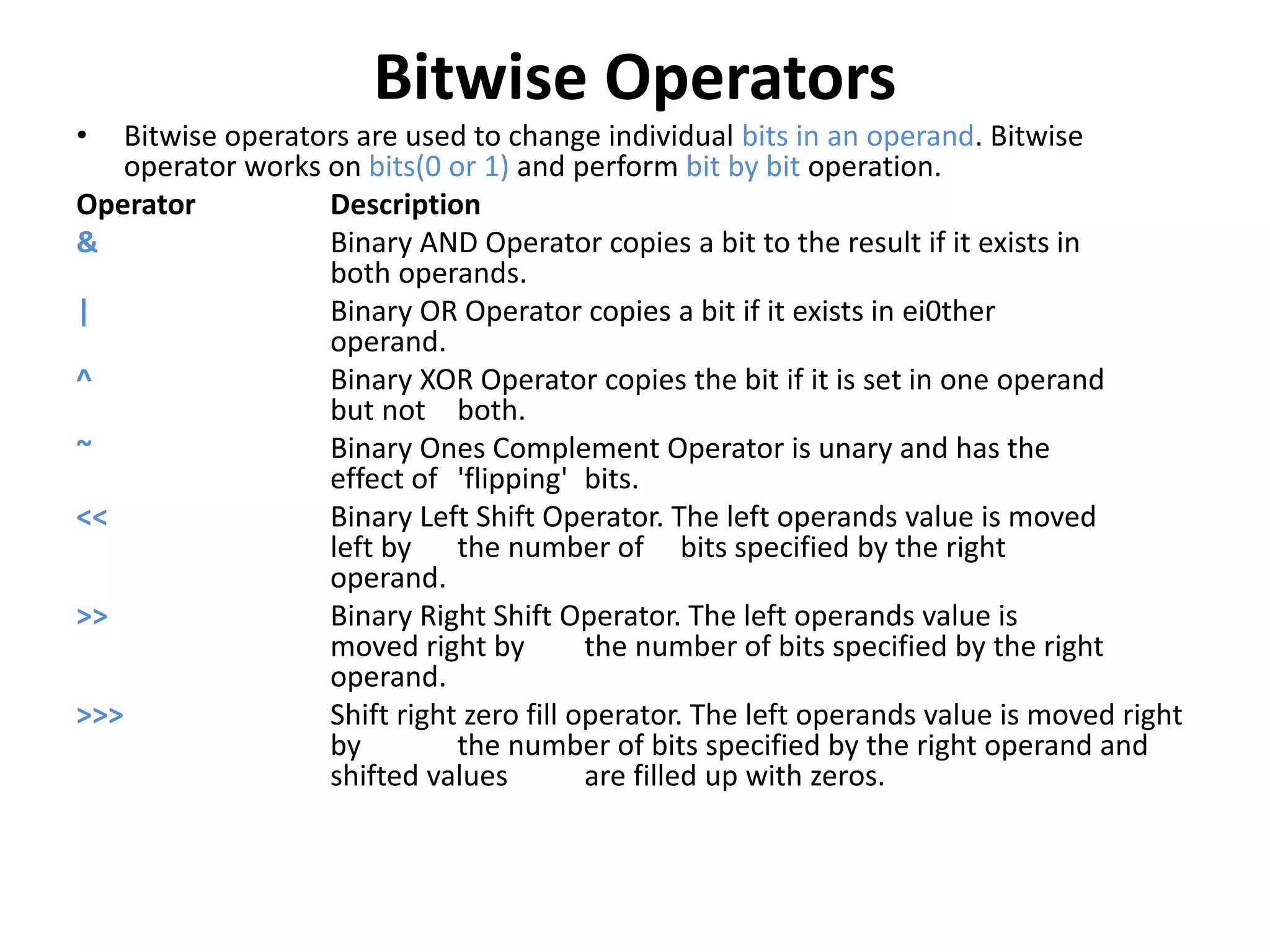 Bitwise Operators
• Bitwise operators are used to change individual bits in an operand. Bitwise
operator works on bits(0 or 1) and perform bit by bit operation.
Operator Description
& Binary AND Operator copies a bit to the result if it exists in
both operands.
| Binary OR Operator copies a bit if it exists in ei0ther
operand.
^ Binary XOR Operator copies the bit if it is set in one operand
but not both.
~ Binary Ones Complement Operator is unary and has the
effect of 'flipping' bits.
<< Binary Left Shift Operator. The left operands value is moved
left by the number of bits specified by the right
operand.
>> Binary Right Shift Operator. The left operands value is
moved right by the number of bits specified by the right
operand.
>>> Shift right zero fill operator. The left operands value is moved right
by the number of bits specified by the right operand and
shifted values are filled up with zeros.
 