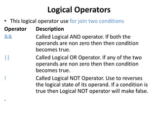 Logical Operators
• This logical operator use for join two conditions
Operator Description
&& Called Logical AND operator. If both the
operands are non zero then then condition
becomes true.
|| Called Logical OR Operator. If any of the two
operands are non zero then then condition
becomes true.
! Called Logical NOT Operator. Use to reverses
the logical state of its operand. If a condition is
true then Logical NOT operator will make false.
.
 