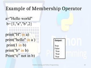 Example of Membership Operator
a="Hello world"
b={1,"a","b",2}
print("H" in a)
print("hello" in a )
print(1 in b)
print("b" in b)
Print(“c” not in b)
Output:
True
False
True
True
True
Problem Solving and Python Programming 18
 