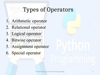 Types of Operators
Problem Solving and Python Programming 5
1. Arithmetic operator
2. Relational operator
3. Logical operator
4. Bitwise operator
5. Assignment operator
6. Special operator
 