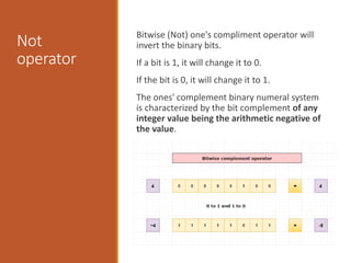 Not
operator
Bitwise (Not) one's compliment operator will
invert the binary bits.
If a bit is 1, it will change it to 0.
If the bit is 0, it will change it to 1.
The ones' complement binary numeral system
is characterized by the bit complement of any
integer value being the arithmetic negative of
the value.
 
