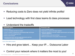 Conclusions


        Reducing costs to Zero does not yield infinite profits!

        Lead technology with first class teams & class processes

        Understand the tradeoffs




        Hire and grow talent… Keep your IP… Outsource Labor

        Control your network where it matters the most to you!
                                                                                      23
© 2011 JDS Uniphase Corporation   |   JDSU CONFIDENTIAL AND PROPRIETARY INFORMATION
 