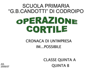 SCUOLA PRIMARIA
      “G.B.CANDOTTI” DI CODROIPO




            CRONACA DI UN'IMPRESA
                IM...POSSIBILE


                    CLASSE QUINTA A
                        QUINTA B
AS.
2006/07