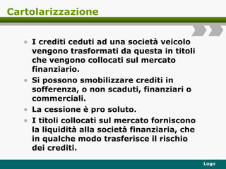 Cartolarizzazione I crediti ceduti ad una società veicolo vengono trasformati da questa in titoli che vengono collocati sul mercato finanziario. Si possono smobilizzare crediti in sofferenza, o non scaduti, finanziari o commerciali. La cessione è pro soluto. I titoli collocati sul mercato forniscono la liquidità alla società finanziaria, che in qualche modo trasferisce il rischio dei crediti. 