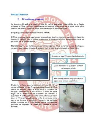 PROCEDIMIENTO:

         I.     Filtración por gravedad:

Se denomina filtración al proceso a través del cual se separan partículas sólidas de un líquido
utilizando un filtro. La técnica consiste en verter la mezcla sólido-líquido que se quiere tratar sobre
un filtro que permita el paso del líquido pero que retenga las partículas sólidas.

El líquido que atraviesa el filtro se denomina filtrado.

El filtro, en general, es de papel poroso, pero puede ser de otros materiales que permitan el paso de
líquidos. En cualquier caso es necesario seleccionar la porosidad del filtro según el diámetro de las
partículas que se quieren separar.

Material:soporte, aro metálico, embudo cónico, papel de filtro en forma cónicao de pliegues,
recipiente para recoger el líquido (Erlenmeyer, matraz, vaso de precipitados), varilla de vidrio.




                                                           Se coloco el papel filtro en el embudo simple.




                                                              Luego mezclamos el agua con la arena en
                                                                        un baso precipitado




                                                              Mezclamos y pasamos a agregar de poco
                                                              a poco en el embudo para filtrar.

El objetivo es hacer pasar la suspensión a través del filtro y
recoger el líquido filtrado. Primero se coloca el papel de filtro
dentro del embudo y éste se sitúa sobre el recipiente de
recogida, sostenido por el aro metálico. El filtro se puede
mojar con la misma clase de disolvente que contiene la
suspensión. A continuación se vierte lentamente la suspensión
sobre el filtro con la ayuda de una varilla de vidrio, de forma
que no se derrame el contenido. Finalmente, las partículas
sólidas retenidas en el filtro pueden lavarse con pequeñas
porciones de disolvente (el mismo que contiene el líquido
filtrado).
 