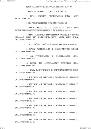 .1) JORGE ANTONIO DA SILVA LUZ, CPF: 108.612.897-49;
2) BRUNO GONÇALVES LUZ, CPF: 070.373.367-26;
3) TOTAL EXPRESS PARTICIPAÇÕES LTDA, CNPJ:
40.376.113/0001-00;
4) GEA PROJETOS EIRELI, CNPJ: 02.25.790/0001-81;
5) ROTA ENGENHARIA E ARQUITETURA (atual ROTA
RIOEMPREENDIMENTOS IMOBILIÁRIOS), CNPJ: 42.273.854/0001-91;
6) REDE ENGENHARIA EMPREEDIMENTOS E PARTICIPAÇÕES
LTDA(atual REDE RIO EMPREENDIMENTOS IMOBILIARIOS LTDA),
CNPJ:04.281.127/0001-87;
7) FRB COMÉRCIO INDÚSTRIA LTDA, CNPJ: 36.211.654/0001-01;
8) SEVEN PARTICIPAÇÕES E INVESTIMENTOS EIREILI,
CNPJ:15.349.581/0001-49;
9) LUZ PARTICIPAÇÕES E INVESTIMENTOS LTDA,
CNPJ:15.423.724/0001-15;
10) BRAZIL RIG AGENCIAMENTO MARITIMO LTDA,
CNPJ:15.349.544/0001-30;
11) DEMA PARTICIPAÇÕES E EMPREENDIMENTOS LTDA,
CNPJ:74.064.254/0001-00;
12) PARTNERS AIR SERVIÇOS E COMÉRCIO DE PETROLEO,
CNPJ:07.803.085/0009-42;
13) PARTNERS AIR SERVIÇOS E COMÉRCIO DE PETROLEO,
CNPJ:07.803.085/0001-95;
14) PARTNERS AIR SERVIÇOS E COMÉRCIO DE PETROLEO,
CNPJ:07.803.085/0002-76;
15) PARTNERS AIR SERVIÇOS E COMÉRCIO DE PETROLEO,
CNPJ:07.803.085/0003-57;
16) PARTNERS AIR SERVIÇOS E COMÉRCIO DE PETROLEO,
CNPJ:07.803.085/0004-38;
17) PARTNERS AIR SERVIÇOS E COMÉRCIO DE PETROLEO,
CNPJ:07.803.085/0005-19;
18) PARTNERS AIR SERVIÇOS E COMÉRCIO DE PETROLEO,
CNPJ:07.803.085/0006-08;
Evento 4 - DESPADEC1 https://eproc.jfpr.jus.br/eprocV2/controlador.php?acao=acessar_docum...
26 de 28 23/02/2017 11:58
 