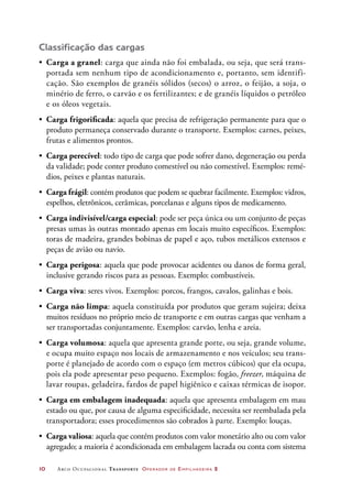 10	 Arco Ocupacional Transporte Operador de Empilhadeira 2
Classificação das cargas
•	 Carga a granel: carga que ainda não foi embalada, ou seja, que será trans-
portada sem nenhum tipo de acondicionamento e, portanto, sem identifi-
cação. São exemplos de granéis sólidos (secos) o arroz, o feijão, a soja, o
minério de ferro, o carvão e os fertilizantes; e de granéis líquidos o petróleo
e os óleos vegetais.
•	 Carga frigorificada: aquela que precisa de refrigeração permanente para que o
produto permaneça conservado durante o transporte. Exemplos: carnes, peixes,
frutas e alimentos prontos.
•	 Carga perecível: todo tipo de carga que pode sofrer dano, degeneração ou perda
da validade; pode conter produto comestível ou não comestível. Exemplos: remé-
dios, peixes e plantas naturais.
•	 Carga frágil: contém produtos que podem se quebrar facilmente. Exemplos: vidros,
espelhos, eletrônicos, cerâmicas, porcelanas e alguns tipos de medicamento.
•	 Carga indivisível/carga especial: pode ser peça única ou um conjunto de peças
presas umas às outras montado apenas em locais muito específicos. Exemplos:
toras de madeira, grandes bobinas de papel e aço, tubos metálicos extensos e
peças de avião ou navio.
•	 Carga perigosa: aquela que pode provocar acidentes ou danos de forma geral,
inclusive gerando riscos para as pessoas. Exemplo: combustíveis.
•	 Carga viva: seres vivos. Exemplos: porcos, frangos, cavalos, galinhas e bois.
•	 Carga não limpa: aquela constituída por produtos que geram sujeira; deixa
muitos resíduos no próprio meio de transporte e em outras cargas que venham a
ser transportadas conjuntamente. Exemplos: carvão, lenha e areia.
•	 Carga volumosa: aquela que apresenta grande porte, ou seja, grande volume,
e ocupa muito espaço nos locais de armazenamento e nos veículos; seu trans-
porte é planejado de acordo com o espaço (em metros cúbicos) que ela ocupa,
pois ela pode apresentar peso pequeno. Exemplos: fogão, freezer, máquina de
lavar roupas, geladeira, fardos de papel higiênico e caixas térmicas de isopor.
•	 Carga em embalagem inadequada: aquela que apresenta embalagem em mau
estado ou que, por causa de alguma especificidade, necessita ser reembalada pela
transportadora; esses procedimentos são cobrados à parte. Exemplo: louças.
•	 Carga valiosa: aquela que contém produtos com valor monetário alto ou com valor
agregado; a maioria é acondicionada em embalagem lacrada ou conta com sistema
 