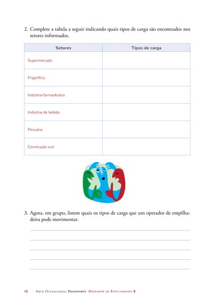 12	 Arco Ocupacional Transporte Operador de Empilhadeira 2
2.	Complete a tabela a seguir indicando quais tipos de carga são encontrados nos
setores informados.
Setores Tipos de carga
Supermercado
Frigorífico
Indústria farmacêutica
Indústria de bebida
Pecuária
Construção civil
3.	Agora, em grupo, listem quais os tipos de carga que um operador de empilha-
deira pode movimentar.
 
