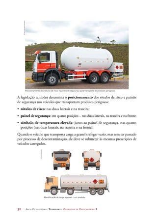 32	 Arco Ocupacional Transporte Operador de Empilhadeira 2
A legislação também determina o posicionamento dos rótulos de risco e painéis
de segurança nos veículos que transportam produtos perigosos:
•	 rótulos de risco: nas duas laterais e na traseira;
•	 painel de segurança: em quatro posições – nas duas laterais, na traseira e na frente;
•	 símbolo de temperatura elevada: junto ao painel de segurança, nas quatro
posições (nas duas laterais, na traseira e na frente).
Quando o veículo que transporta carga a granel trafegar vazio, mas sem ter passado
por processo de descontaminação, ele deve se submeter às mesmas prescrições de
veículos carregados.
Identificação de carga a granel – um produto.
1999
33
1999
33
1999
33
1999
33
1999
33
1999
33
1999
33
1999
33
Posicionamento dos rótulos de risco e painéis de segurança para transporte de produtos perigosos.
©DanielBeneventi
©MarioHenrique/Latinstock
 
