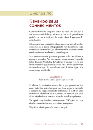 Operador de Empilhadeira 2 Arco Ocupacional Transporte	 97
Unidade 10
Revendo seus
conhecimentos
Com esta Unidade, chegamos ao fim do curso. Por isso, este é
um momento de balanço, de rever o que você aprendeu no
período em que se dedicou à formação básica de operador de
empilhadeira.
É importante que consiga identificar tudo o que aprendeu sobre
essa ocupação e que se sinta preparado para buscar uma vaga
no mercado de trabalho. Quando encontrá-la, você certamente
continuará construindo novas aprendizagens.
Mas, neste momento, queremos que você saiba com clareza o
quanto já aprendeu. Para isso, vamos retomar uma atividade do
início do curso (Unidade 2 do Caderno 1), em que você fez um
levantamento do que já sabia e do que ainda precisa desenvolver
na área de atuação do operador de empilhadeira. Agora é o
momento de atualizá-lo.
Atividade 1
Revisite seus conhecimentos
Lembre-se do início deste curso e liste o que aprendeu no de-
correr dele. Essa será a base para você fazer um novo currículo
e buscar uma vaga no mercado de trabalho. É também uma
maneira de identificar lacunas, ou seja, os aspectos que você
ainda não domina, e procurar novas formas de se aprimorar.
Você pode consultar diretamente o site da CBO, para ver com
detalhes os conhecimentos necessários à ocupação.
Depois de refletir, preencha a tabela a seguir.
 
