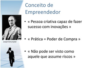 Conceito de Empreendedor« Pessoa criativacapaz de fazersucessocominovações »« Prática = Poder de Compra »« Nãopodeservistocomoaquele que assume riscos »Joseph Schumpeter