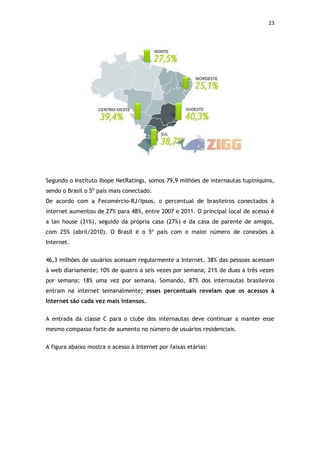 23




Segundo o Instituto Ibope NetRatings, somos 79,9 milhões de internautas tupiniquins,
sendo o Brasil o 5º país mais conectado.
De acordo com a Fecomércio-RJ/Ipsos, o percentual de brasileiros conectados à
internet aumentou de 27% para 48%, entre 2007 e 2011. O principal local de acesso é
a lan house (31%), seguido da própria casa (27%) e da casa de parente de amigos,
com 25% (abril/2010). O Brasil é o 5º país com o maior número de conexões à
Internet.


46,3 milhões de usuários acessam regularmente a Internet. 38% das pessoas acessam
à web diariamente; 10% de quatro a seis vezes por semana; 21% de duas a três vezes
por semana; 18% uma vez por semana. Somando, 87% dos internautas brasileiros
entram na internet semanalmente; esses percentuais revelam que os acessos à
Internet são cada vez mais intensos.


A entrada da classe C para o clube dos internautas deve continuar a manter esse
mesmo compasso forte de aumento no número de usuários residenciais.


A figura abaixo mostra o acesso à Internet por faixas etárias:
 