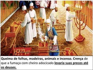 Queima de folhas, madeiras, animais e incenso. Crença de
que a fumaça com cheiro adocicado levaria suas preces até
os deuses.
 