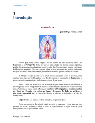 Rodrigo Felix da Cruz 6
6O PERISPÍRITO
1
Introdução
O PERISPÍRITO
por Rodrigo Felix da Cruz
Venho por meio deste singelo ensaio tratar de um excitante tema do
Espiritismo, o Perispírito, tema tão pouco comentado em nossas casas espíritas,
porém de suma importância para a compreensão dos fenômenos do mundo espiritual.
Infelizmente, devido a falta de estudos sobre o tema em questão, muitas polêmicas
surgem em nosso meio dando espaço discussões estéreis que em nada contribuem.
A intenção deste ensaio não é criar novos conceitos sobre o assunto, mas
analisar com base na Codificação e seus desdobramentos o conceito de Perispírito e
comentar sobre as principais polêmicas em torno desse tema.
Após 3 anos da publicação da primeira edição deste trabalho recebemos a
orientação de nosso amigo César Hanzi da Colônia Recanto de Irmãos de assumirmos
como leitmotiv de nossa tarefa a Verdade e colocar a Divulgação de conhecimentos
da Doutrina Espírita em primeiro lugar, deixando de lado as críticas e
discussões doutrinárias. A Seara do Mestre precisa de trabalhadores e não de
querelantes.
*[1] leitmotiv (do alemão): ideia, iniciativa, força condutora.
Então suprimimos da primeira edição toda e qualquer crítica àqueles que
pensam de forma diferente sobre o tema e aproveitamos a oportunidade para
enriquecer a elucidação sobre o tema.
 