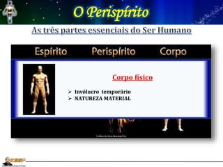 O Perispírito
Espírito
 Princípio Inteligente, foco da consciência e
da personalidade
 NATUREZA DESCONHECIDA
Perispírito
 Invólucro fluídico permanente
 NATUREZA “SEMIMATERIAL”
Corpo físico
 Invólucro temporário
 NATUREZA MATERIAL
 