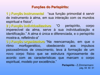  “ sua função primordial é servir de instrumento à alma, em sua interação com os mundos espiritual e físico”.  “ O perispírito, corpo imperecível da alma, serve à sua individualização e identificação.” A alma é única e diferenciada, e o perispírito mostra-a, refletindo-a”  “ Na reencarnação, em que o ritmo morfogenético, obedecendo aos impulsos psicossômicos de crescimento, leva à formação de um novo corpo físico que se estrutura rigorosamente de acordo com as características que marcam o corpo espiritual, modelo por excelência.”  Perispírito  - Z.Zimmermann  pág. 59  60  61 Funções do Perispírito: 1 ) Função Instrumental 2 ) Função individualizadora 3 ) Função organizadora  