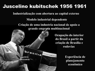 Juscelino kubitschek 1956 1961 Industrialização com abertura ao capital externo Modelo industrial dependente Criação de uma industria nacional de apoio a grande empresa multinacional Ocupação do interior do Brasil a partir da criação de Brasília e rodovias  Experiência de planejamento econômico 