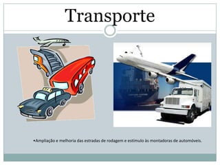 TransporteAmpliação e melhoria das estradas de rodagem e estímulo às montadoras de automóveis.Alimentaçãomaiores investimentos no setor de alimentos para aumentar a oferta.Indústrias de base maiores investimentos no setor.Educaçãomelhoria e ampliação do ensino público.