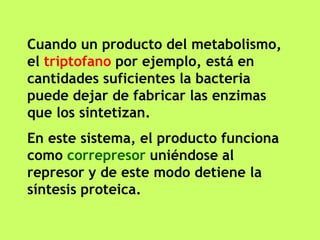 Cuando un producto del metabolismo,
el triptofano por ejemplo, está en
cantidades suficientes la bacteria
puede dejar de fabricar las enzimas
que los sintetizan.
En este sistema, el producto funciona
como correpresor uniéndose al
represor y de este modo detiene la
síntesis proteica.
 