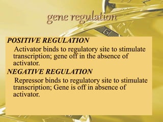 POSITIVE REGULATION
Activator binds to regulatory site to stimulate
transcription; gene off in the absence of
activator.
NEGATIVE REGULATION
Repressor binds to regulatory site to stimulate
transcription; Gene is off in absence of
activator.
 