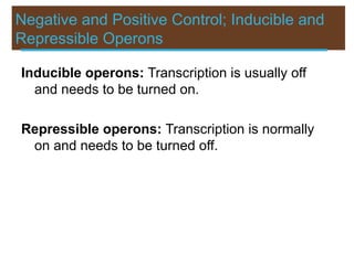 Negative and Positive Control; Inducible and
Repressible Operons
Inducible operons: Transcription is usually off
and needs to be turned on.
Repressible operons: Transcription is normally
on and needs to be turned off.
 