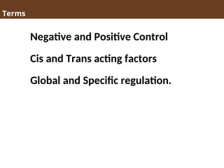 Terms
Negative and Positive Control
Cis and Trans acting factors
Global and Specific regulation.
 