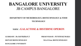 BANGALORE UNIVERSITY
JB CAMPUS BANGALORE
DEPARTMENT OF MICROBIOLOGY, BIOTECHNOLOGY & FOOD
TECHNOLOGY
TOPIC : GALACTOSE & HISTIDINE OPERON
GUIDED BY : Dr. RAVIKIRAN.T PRESENTED BY : PUNITH KUMAR.S
DEPT.OF BIOTECHNOLOGY M.Sc II Sem. BIOTECHNOLOGY
BANGALORE UNIVERSITY
 