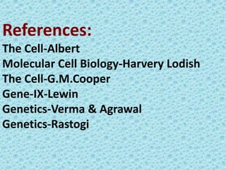 References:
The Cell-Albert
Molecular Cell Biology-Harvery Lodish
The Cell-G.M.Cooper
Gene-IX-Lewin
Genetics-Verma & Agrawal
Genetics-Rastogi
 