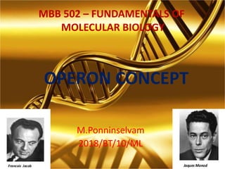 OPERON CONCEPT
M.Ponninselvam
2018/BT/10/ML
MBB 502 – FUNDAMENTALS OF
MOLECULAR BIOLOGY
 