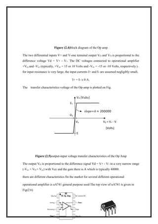 10
VO [Volts]
E+
E-
slope=A ≈ 200000
-Va
Va Vd = V+ - V-
[Volts]
Figure (2.4)block diagram of the Op amp
The two differential inputs V+ and V-one terminal output VO and VO is proportional to the
difference voltage Vd = V+ - V-. The DC voltages connected to operational amplifier
+Vcc and -Vcc (typically, +Vcc = 15 or 10 Volts and -Vcc = -15 or -10 Volts, respectively.) .
for input resistance is very large, the input currents I+ and I- are assumed negligibly small,
I+ = I-  0 A.
The transfer characteristics voltage of the Op-amp is plotted on Fig.
Figure (2.5)output-input voltage transfer characteristics of the Op Amp
The output VO is proportional to the difference signal Vd = V+ - V- in a very narrow range
(-Vcc < VO < Vcc) with Vcc and the gain there is A which is typically 40000.
there are different characteristics fin the market for several different operational
operational amplifier is uA741 general purpose used The top view of uA741 is given in
Fig(2.6)
 