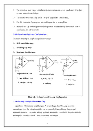 14
➢ The open loop gain varies with change in temperature and power supply as well as due
to mass production technique.
➢ The bandwidth is very very small in open loop mode – almost zero,
➢ For this reason the Op-amp can not used in practice as an amplifier.
➢ However the Op-amp in open loop configuration is used in many application such as
comparator ,On Off controller
2.4.1 Open Loop Op-Amp Configuration :
There are three Open loop Configuration Namely:
1. Differential Op-Amp
2. Inverting Op-Amp
3. Non-inverting Op-Amp
Figure(2.11):Open Loop Op-Amp Configuration
2.5 Close loop configuration of Op-Amp
open loop Operational amplifier gain A is very large, thus Op-Amp goes into
saturation region, the gain of amplifier can be controlled by modifying the external
electronic element circuit i.e. adding feedback. Generally to reduces the gain can be by
the negative feedback, which also added other advantages.
Differential OP-AMP
v1 = vin1 and v2 = vin2.
vo = Ad (vin1 – vin2 )
Non-Inverting OP-AMP
v1 = +vin , v2 = 0
vo = +Ad vin
Inverting OP-AMP
v1= 0, v2 = vin.
vo = -Ad vin
 