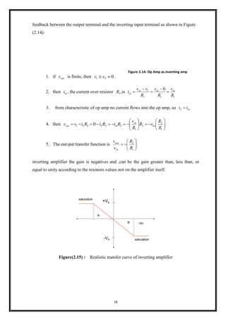 18
feedback between the output terminal and the inverting input terminal as shown in Figure
(2.14):
1. if outv is finite, then 021  vv .
2. then ini , the current over resistor 1R ,is
111
1 0
R
v
R
v
R
vv
i ininin
in 




3. from characteristic of op amp no current flows into the op amp, so inii 2
4. then 












1
2
2
1
222221 0
R
R
vR
R
v
RiRiRivv in
in
inout
5. The out-put transfer function is 






1
2
R
R
v
v
in
out
inverting amplifier the gain is negatives and ,can be the gain greater than, less than, or
equal to unity according to the resistors values not on the amplifier itself.
Figure(2.15) : Realistic transfer curve of inverting amplifier
Figure 2.14: Op Amp as inverting amp
 