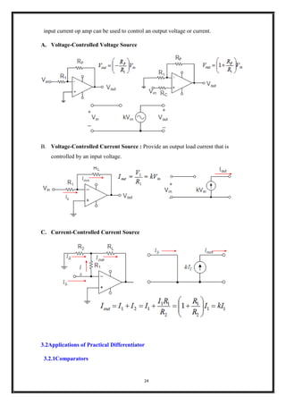 24
input current op amp can be used to control an output voltage or current.
A. Voltage-Controlled Voltage Source
B. Voltage-Controlled Current Source : Provide an output load current that is
controlled by an input voltage.
C. Current-Controlled Current Source
3.2Applications of Practical Differentiator
3.2.1Comparators
 