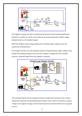 33
from digital to analog converter to determines the position of the arm the potentiometer
attached to a robotic arm in the circuit indicates the actual position the variable voltage
produced tend to as the feedback signal
When the feedback signal voltage matches the command signal voltage the arm has
reached the desired position .
For example with the arm at the bottle pic position the potentiometer output voltage of zero
matches the command signal of zero from the computer to change the arm to another
position a command signal from the computer is required .
The command signal from the computer of binary numbers that increment until a value is
reached that represents the desired position the binary value is then converted to an analog
voltage by the digital to analog converter that indicates the position that the arm is required
to move
 