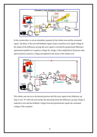 34
In this system there is not an immediate response by the robotic arm and the command
signal , the delay of the arm and feedback signal creates a position error signal voltage at
the output of the difference op amp the error signal is inverted by proportional difference
operational amplifier to a negative voltage the voltage is then amplified by the power amp
and inverted to a positive voltage and applied to the motor of the robotic arm
The robotic arm moves to the desired position until the error signal at the difference op
amp is zero “0” when the arm reaches the desired position the difference op amp voltage is
reduced to zero and the feedback voltage from the potentiometer equals the command
voltage of the computer
 