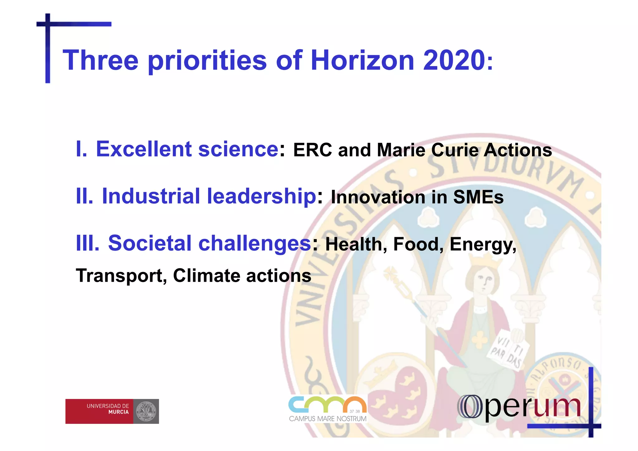 Three priorities of Horizon 2020:	
  


 I. Excellent science: ERC and Marie Curie Actions

 II. Industrial leadership: Innovation in SMEs

 III. Societal challenges: Health, Food, Energy,
 Transport, Climate actions
 