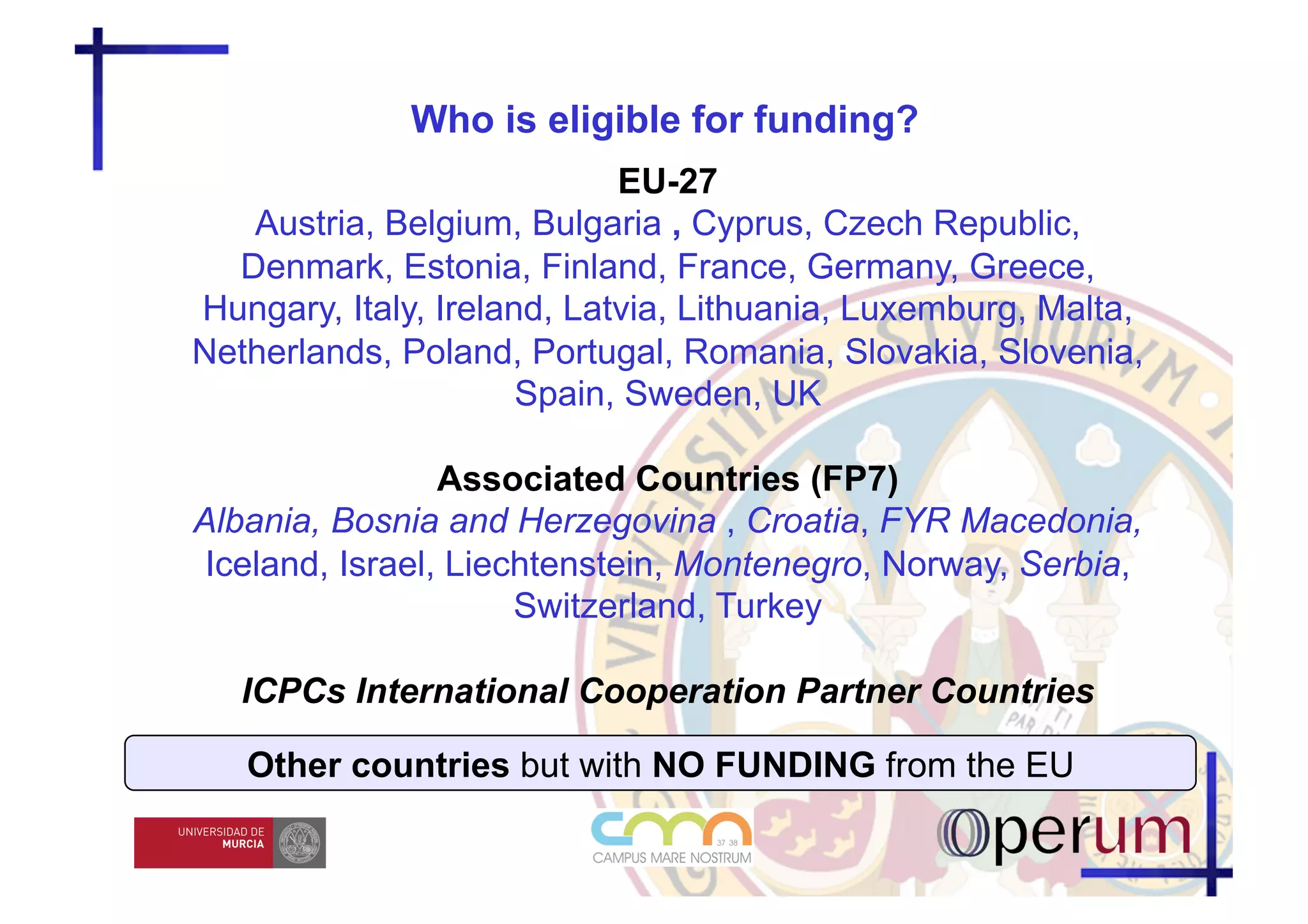 Who is eligible for funding?
                            EU-27
   Austria, Belgium, Bulgaria , Cyprus, Czech Republic,
  Denmark, Estonia, Finland, France, Germany, Greece,
Hungary, Italy, Ireland, Latvia, Lithuania, Luxemburg, Malta,
Netherlands, Poland, Portugal, Romania, Slovakia, Slovenia,
                      Spain, Sweden, UK

                 Associated Countries (FP7)
Albania, Bosnia and Herzegovina , Croatia, FYR Macedonia,
 Iceland, Israel, Liechtenstein, Montenegro, Norway, Serbia,
                      Switzerland, Turkey

   ICPCs International Cooperation Partner Countries

   Other countries but with NO FUNDING from the EU
 