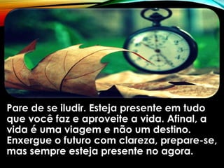 Pare de se iludir. Esteja presente em tudo
que você faz e aproveite a vida. Afinal, a
vida é uma viagem e não um destino.
Enxergue o futuro com clareza, prepare-se,
mas sempre esteja presente no agora.
 