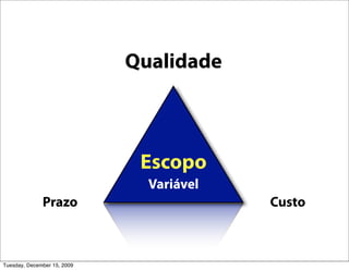 Qualidade



                              Escopo
                               Variável
              Prazo                       Custo



Tuesday, December 15, 2009
 