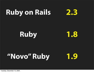Ruby on Rails             2.3

                         Ruby   1.8

        “Novo” Ruby             1.9
Tuesday, December 15, 2009
 