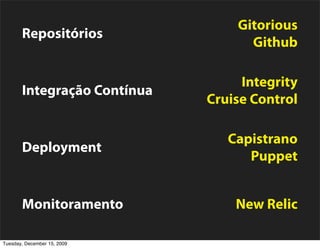 Gitorious
       Repositórios
                                   Github

                                  Integrity
       Integração Contínua
                             Cruise Control

                                Capistrano
       Deployment
                                   Puppet


       Monitoramento             New Relic

Tuesday, December 15, 2009
 
