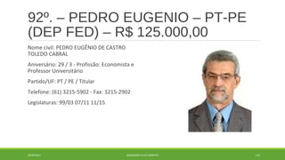 92º. – PEDRO EUGENIO – PT-PE 
(DEP FED) – R$ 125.000,00 
Nome civil: PEDRO EUGÊNIO DE CASTRO 
TOLEDO CABRAL 
Aniversário: 29 / 3 - Profissão: Economista e 
Professor Universitário 
Partido/UF: PT / PE / Titular 
Telefone: (61) 3215-5902 - Fax: 3215-2902 
Legislaturas: 99/03 07/11 11/15 
20/09/2014 GEORDANDI ALVES BARRETO 115 
 