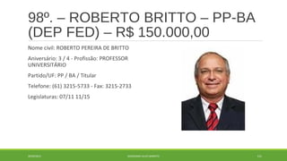 98º. – ROBERTO BRITTO – PP-BA 
(DEP FED) – R$ 150.000,00 
Nome civil: ROBERTO PEREIRA DE BRITTO 
Aniversário: 3 / 4 - Profissão: PROFESSOR 
UNIVERSITÁRIO 
Partido/UF: PP / BA / Titular 
Telefone: (61) 3215-5733 - Fax: 3215-2733 
Legislaturas: 07/11 11/15 
20/09/2014 GEORDANDI ALVES BARRETO 121 
 