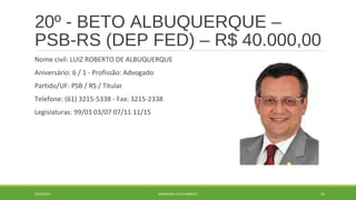 20º - BETO ALBUQUERQUE – 
PSB-RS (DEP FED) – R$ 40.000,00 
Nome civil: LUIZ ROBERTO DE ALBUQUERQUE 
Aniversário: 6 / 1 - Profissão: Advogado 
Partido/UF: PSB / RS / Titular 
Telefone: (61) 3215-5338 - Fax: 3215-2338 
Legislaturas: 99/03 03/07 07/11 11/15 
20/09/2014 GEORDANDI ALVES BARRETO 42 
 