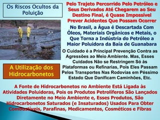 Os Riscos Ocultos da
Poluição
Pelo Trajeto Percorrido Pelo Petróleo e
Seus Derivados Até Chegarem ao Seu
Destino Final, é Quase Impossível
Prever Acidentes Que Possam Ocorrer
No Brasil, a Água é Descartada Com
Óleos, Materiais Orgânicos e Metais, o
Que Torna a Indústria do Petróleo a
Maior Poluidora da Baía de Guanabara
O Cuidado é a Principal Prevenção Contra as
Agressões ao Meio Ambiente. Mas, Esses
Cuidados Não se Restringem Só às
Plataformas ou Refinarias, Pois Eles Passam
Pelos Transportes Nas Rodovias em Péssimo
Estado Que Danificam Caminhões, Etc.
A Utilização dos
Hidrocarbonetos
A Fonte de Hidrocarbonetos no Ambiente Está Ligada às
Atividades Poluidoras, Pois os Produtos Petrolíferos São Lançados
Diretamente no Meio Ambiente e, Esses Produtos, São
Hidrocarbonetos Saturados (e Insaturados) Usados Para Obter
Combustíveis, Parafinas, Medicamentos, Cosméticos e Fibras
 