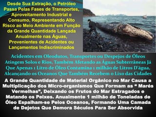 Desde Sua Extração, o Petróleo
Passa Pelas Fases de Transportes,
Aproveitamento Industrial e
Consumo, Representando Alto
Risco ao Meio Ambiente em Função
da Grande Quantidade Lançada
Anualmente nas Águas,
Provenientes de Acidentes ou
Lançamentos Indiscriminados
Acidentes em Oleodutos, Transportes ou Despejos de Óleos
Atingem Solos e Rios, Também Afetando as Águas Subterrâneas Já
Que Apenas 1 Litro de Óleo Contamina 1 milhão de Litros D’água,
Alcançando os Oceanos Que Também Recebem o Lixo das Cidades
A Grande Quantidade de Material Orgânico no Mar Causa a
Multiplicação dos Micro-organismos Que Formam as “ Marés
Vermelhas”, Deixando os Frutos do Mar Estragados e
Matando os Peixes. Anualmente 1 milhão de Toneladas de
Óleo Espalham-se Pelos Oceanos, Formando Uma Camada
de Dejetos Que Demora Séculos Para Ser Absorvida
 