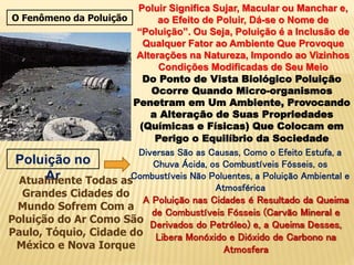 O Fenômeno da Poluição
Poluir Significa Sujar, Macular ou Manchar e,
ao Efeito de Poluir, Dá-se o Nome de
“Poluição”. Ou Seja, Poluição é a Inclusão de
Qualquer Fator ao Ambiente Que Provoque
Alterações na Natureza, Impondo ao Vizinhos
Condições Modificadas de Seu Meio
Do Ponto de Vista Biológico Poluição
Ocorre Quando Micro-organismos
Penetram em Um Ambiente, Provocando
a Alteração de Suas Propriedades
(Químicas e Físicas) Que Colocam em
Perigo o Equilíbrio da Sociedade
Poluição no
Ar
Diversas São as Causas, Como o Efeito Estufa, a
Chuva Ácida, os Combustíveis Fósseis, os
Combustíveis Não Poluentes, a Poluição Ambiental e
Atmosférica
Atualmente Todas as
Grandes Cidades do
Mundo Sofrem Com a
Poluição do Ar Como São
Paulo, Tóquio, Cidade do
México e Nova Iorque
A Poluição nas Cidades é Resultado da Queima
de Combustíveis Fósseis (Carvão Mineral e
Derivados do Petróleo) e, a Queima Desses,
Libera Monóxido e Dióxido de Carbono na
Atmosfera
 