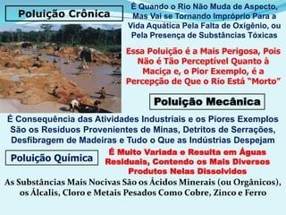 Poluição Crônica
É Quando o Rio Não Muda de Aspecto,
Mas Vai se Tornando Impróprio Para a
Vida Aquática Pela Falta de Oxigênio, ou
Pela Presença de Substâncias Tóxicas
Essa Poluição é a Mais Perigosa, Pois
Não é Tão Perceptível Quanto à
Maciça e, o Pior Exemplo, é a
Percepção de Que o Rio Está “Morto”
Poluição Mecânica
É Consequência das Atividades Industriais e os Piores Exemplos
São os Resíduos Provenientes de Minas, Detritos de Serrações,
Desfibragem de Madeiras e Tudo o Que as Indústrias Despejam
Poluição Química
É Muito Variada e Resulta em Águas
Residuais, Contendo os Mais Diversos
Produtos Nelas Dissolvidos
As Substâncias Mais Nocivas São os Ácidos Minerais (ou Orgânicos),
os Álcalis, Cloro e Metais Pesados Como Cobre, Zinco e Ferro
 