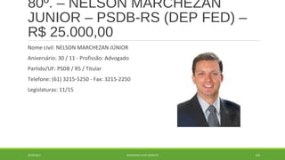 80º. – NELSON MARCHEZAN 
JUNIOR – PSDB-RS (DEP FED) – 
R$ 25.000,00 
Nome civil: NELSON MARCHEZAN JÚNIOR 
Aniversário: 30 / 11 - Profissão: Advogado 
Partido/UF: PSDB / RS / Titular 
Telefone: (61) 3215-5250 - Fax: 3215-2250 
Legislaturas: 11/15 
20/09/2014 GEORDANDI ALVES BARRETO 103 
 